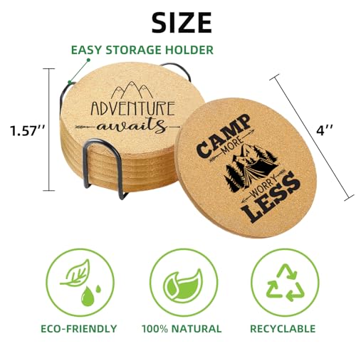Coasters for Drinks with Holder Set of 6, Camping Coaster Absorbent Cork Wood for Cup Desk Office Table Kitchen Decor House Warming Gifts for New Home Couples, Round 4" - color: Camping