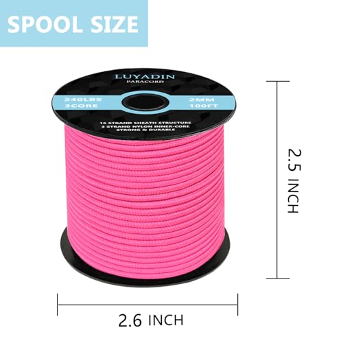 Paracord 240lb - Diameter 2mm Micro Utility Cord -3 Strand Parachute Spool Cord - 100ft 200ft,Paracord for Camping,Hiking,Fishing,Outdoor and DIY - color: Hot Pink, size: 100 ft