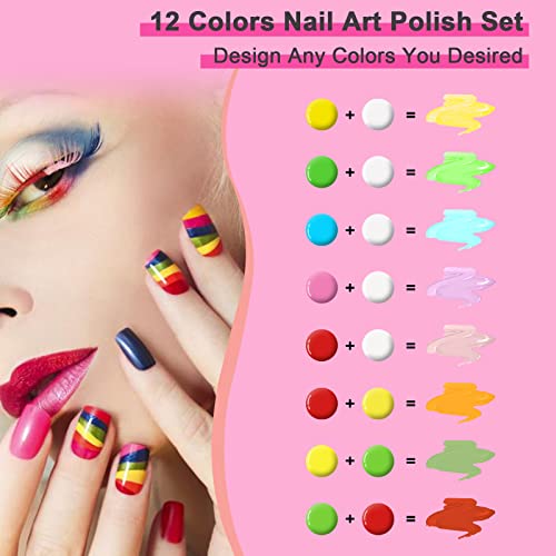 Gel Nail Art Polish Set with Thin Liner Brush for Nail Design 12 Colors
