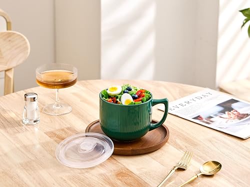 Ceramic Soup Bowl with Handle & Lid, 32oz Microwave Ramen Bowl Set of 2 - color: Forest Green 2pcs-32, size: 32 OZ