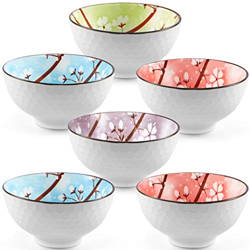 Ceramic Rice Bowls 10 oz, Sakura Bowl Gift Set, Assorted Color Dinnerware Serving Bowls for Rice, Cereal, Noodle, Soup, Desserts, Pack of 6 (Cherry Blossom) - color: Sakura, size: 6 Pack