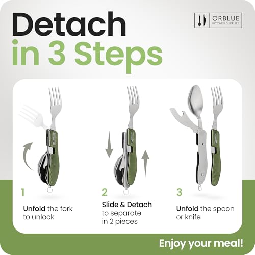 Orblue 4-in-1 Camping Eating Utensils, 2-Pack - Portable Spoon, Fork, Knife & Bottle Opener Combo Set - Stainless Steel Flatware with Detachable Fork - Backpacking Cutlery Multitool, Olive Green - color: 2-PACK Olive Green