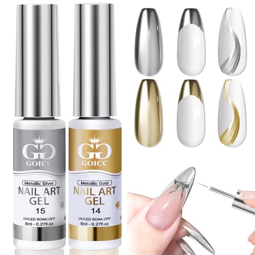 Gold Silver Metallic Gel Liner Nail Polish 3D Mirror Chrome Gel French Tip - color: Gold