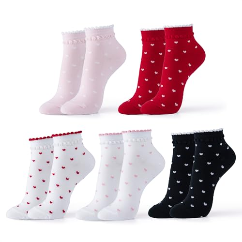 Womens Cotton Crew & Ankle Socks, Cute Floral Ruffle Colorful Tube Size 6-9 - color: Heart Ankle C