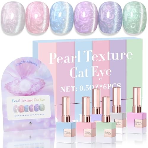 Double Rhythm Cat Eye Gel Nail Polish Set of 6 Same Color Same Bottle 0.5 Oz Shimmer Glitter with Magnet Holographic Reflective Magnetic UV Nail Polish Kit (Pearl Pink Blue Green Purple-T6-36) - color: Pearl Mermaid