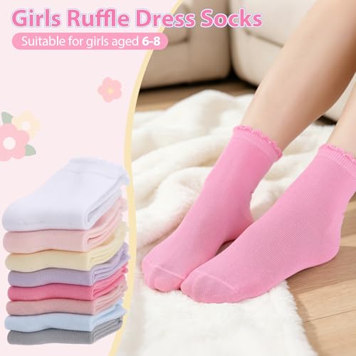 8 Pairs Girls Ruffle Crew Socks, Cute Frilly Soft Cotton Socks - color: Multicolor, size: 6-8 Years