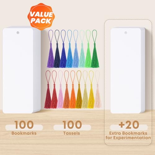120 Pcs Blank Bookmarks to Decorate with 100 Colorful Tassels, Thick 350GSM Cardstock Bookmarks for DIY Crafts, Holiday Reading, Classroom Projects and Gift Tags, 5.5x2 Inch Bulk Set