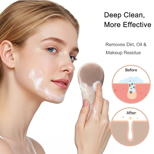 Silicone Facial Cleansing Brush，500mAh Rechargeable Face Scrubber，IPX7 Waterproof Electric Face Scrubber with 5 Adjustable Levels,for Deep Cleaning,Exfoliating & Massaging (Brown) - color: Brown
