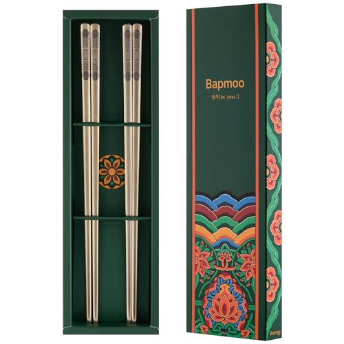 Korean Matte Gold Stainless Steel Chopsticks, 2 Pairs, Dancheong Engraved - color: Gold