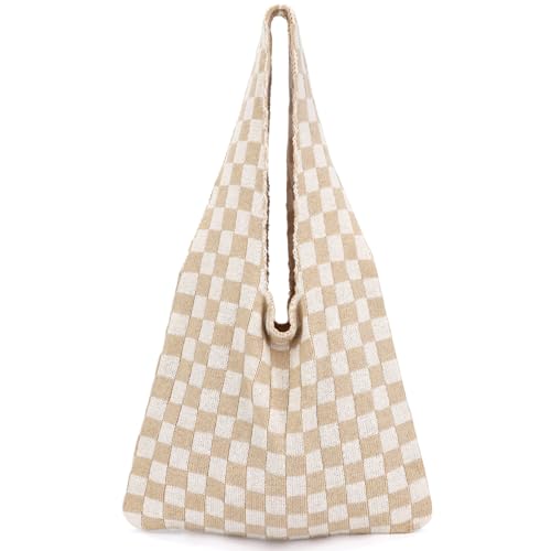 hatisan Crochet Bag for Women, Handmade Knit Beach Tote Bag Summer - color: Khaki Checkered-a