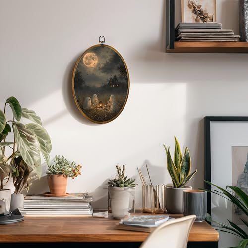 Ghost Tea Party Oval Wall Art, Framed Canvas Decor, 8.5x11.5 Inch - color: Ghost Tea Party Haunted House