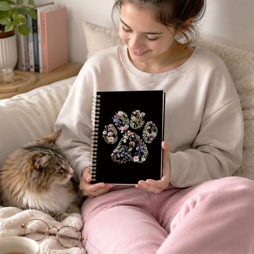 VONTP Black Cute Dog Paw Floral Journal Spiral Notebooks, 5.5x8.3 Inches - color: 004-Black