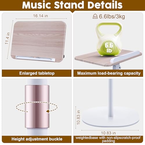 2 in 1 Dual-use Music Stand & Desktop Book Stand, Adjustable Height 16.5"-51", 100% Solid Wood Laptop Floor Stand Book Holder with Elastic Page Clips for Cookbooks (White) - color: White