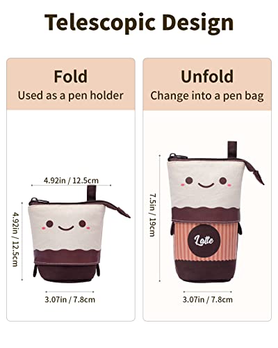 Sooez Standing Pencil Case, Cute Stand up Pencil Pouch, Telescopic Pen Bag - color: Brown Coffee