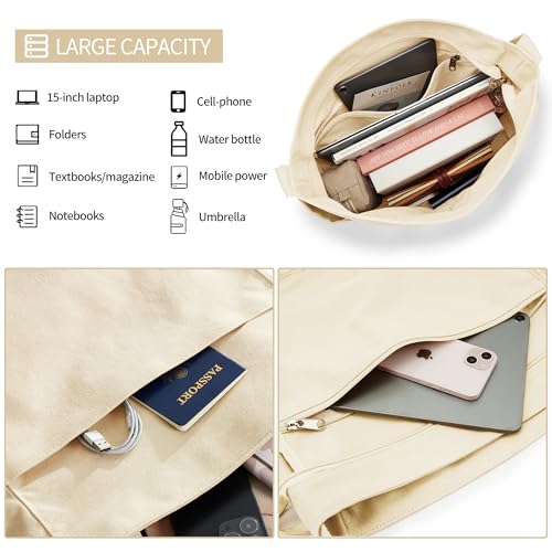 KALIDI Canvas Tote Bag Zipper Large Crossbody Shoulder Bag Messenger Bag - color: Beige