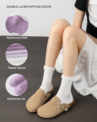 DQCUTE Women's Ruffled Ankle Cotton Crew Socks, 6 Pairs - color: White (6 Pairs)