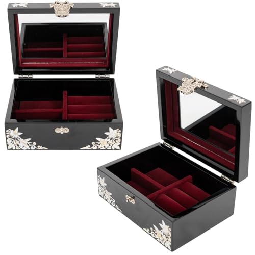February Mountain Elegant Mother of Pearl Jewelry Organizer Box with Mirror Lid - Gifts for women birthday unique Anniversary Christams and Special Occasions (Crane and pine tree) - style: Crane and pine tree