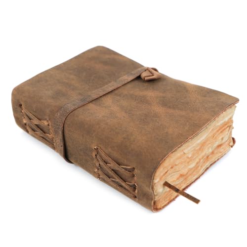 ELIZO Vintage Leather Bound Journal for Men & Women, Book of Shadows Grimoire Journal, Strap Lock Closure-200 Handmade Deckle Edge Pages Genuine Leather Sketchbook Notebook, Teak Brown, 4X6 inches - size: 4x6 (Strap Closure)