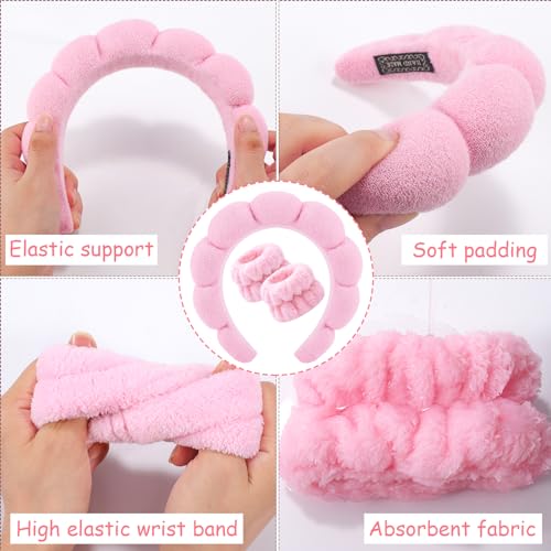 Zkptops Spa Headband for Washing Face Wristband Set Sponge Makeup Skincare Headband Terry Cloth Bubble Soft Get Ready Hairband Women Girl Puffy Padded Headwear Non Slip Thick Hair Accessory(Pink-2) - color: ZC Pink-2