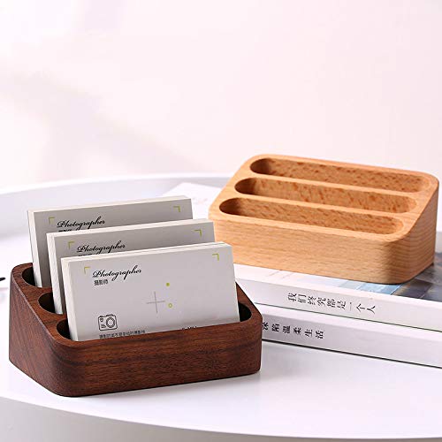 Sizikato Wooden Business Card Holder for Desk, 3 Card Slots Business Card Display Holder Stand - color: Beech