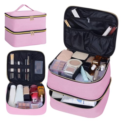 Double Layer Makeup Bag with Adjustable Dividers, PinkGold - color: Pink Gold