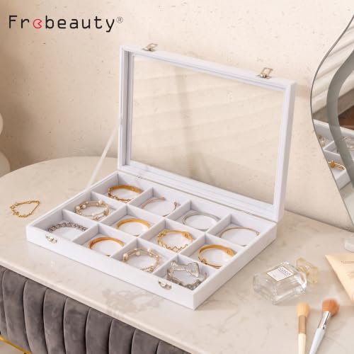 Frebeauty 12 Grid Bracelet Holder Box,Velvet Jewelry Tray with Clear Lid - color: White, size: 12 Grid