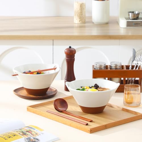 MALACASA 42 oz Ceramic Ramen Bowls with Chopsticks & Spoon, White & Khaki - color: Khaki White