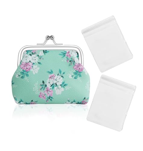 BenePoint Coin Purse for Women, Mini Purse Change Purse Coin Pouch with Kiss Clasp Lock& 2 Clear Jewelry Bags, Floral PU Leather Coin Purses Small Pouches for Cash and Jewelry (blue) - color: blue