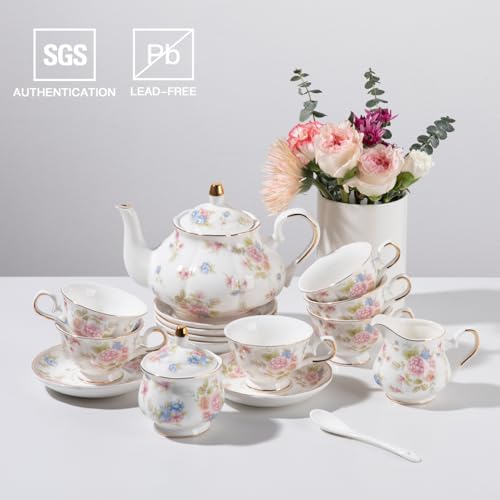 Sweejar Porcelain Tea Set Vintage Floral, British Relief Gold Rim Teapot Cup and Saucer Sets, 22-Piece Tea Sets for Adults, with Teapot, Sugar Bowl, Milk Jug, Spoons, Cup and Saucer (Small Flower) - color: Small Flower