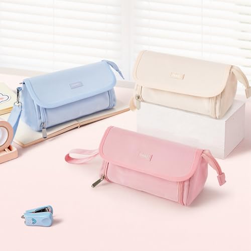 Sooez Super Large Pencil Case, Big Capacity Pencil Bag with 3 Compartments - color: Haze Blue