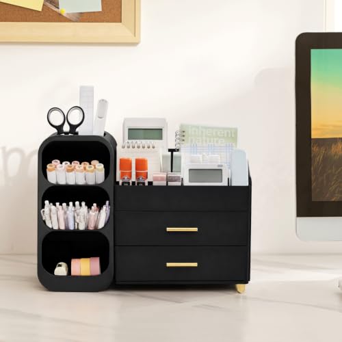 HBlife Desk Organizer with Pen Pencil Holder for Desk, Pen Organizer with 2 Drawers, Desk Organizers and Accessories with 4 Compartments, Desktop Storage for Office Home School Art Supplies, All Black - color: All Black