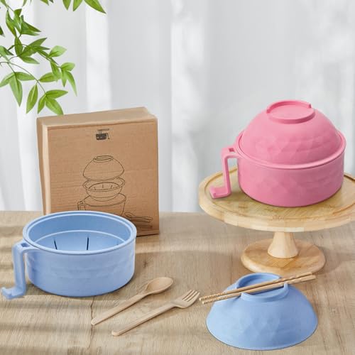 2 Sets 40 oz Microwave Ramen Bowl with Handles, Pink, Light Blue - color: Pink,Light Blue