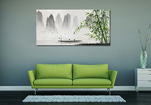 Winpeak Art Traditional Chinese Painting Black and White Landscape Canvas Wall Art Bamboo Artwork - size: 48"L x 24"W