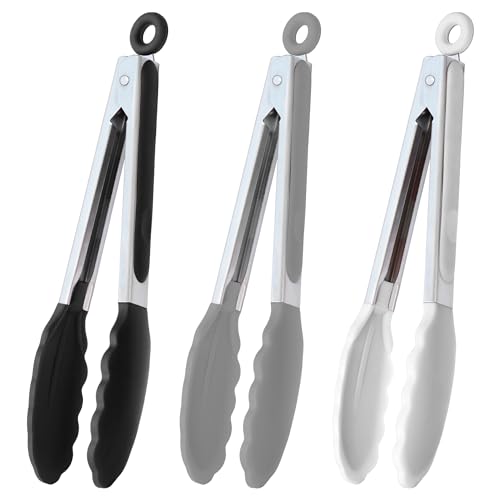 HINMAY 9-Inch Serving Tongs Silicone Tongs, Set of 3 (Black White Gray) - color: Black Gray White