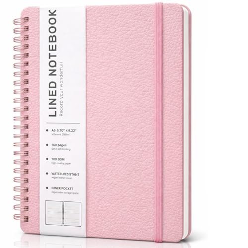 Lined Spiral Journal Notebook, A5 Hardcover Leather Notebook for Work, 5.7''×8.2'', 100GSM Thick Paper Spiral Bound Journaling Notebooks for Women & Men Office School Note Taking Business, Pink - color: Pink, size: A5