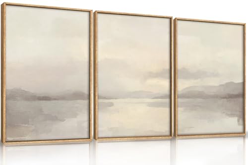 LHIUEM Large Abstract Neutral Beige Pastel Framed Canvas Wall Art,Modern Watercolor Lakes Wall Decor,Nature Mountain Minimalist Artwork for Living Room,Bedroom,Dining Room,Office-16 x24 x3 - color: Abstract Neutral Beige Pastel Wall Art, size: 24"L x 16"W