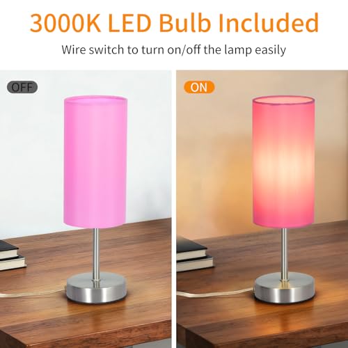 RISLG 2 Pack Small Table Lamps for Bedroom, Bedside Lamps for Nightstand with Wire Switch, Minimalist Modern Desk Lamps with Linen Fabric Shade for Kids Room Living Room Office Dorm, Bulb Included - color: 2 Pack Pink-Silver, size: 13in