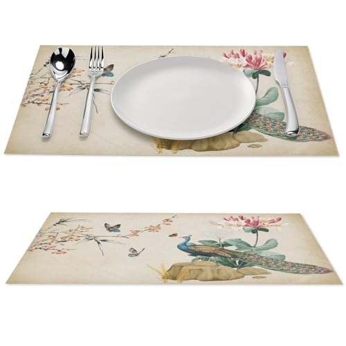 Japanese Placemats Set of 4, 12x18 Inch Traditional Vintage Peacock Oriental Floral Asian Ink Painting Butterfly Seasonal Spring Holiday Coffee Table Mats for Party Kitchen Dining Decoration - color: Pm-floral Bird01, size: 4pcs