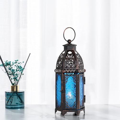 Christmas Lanterns Decorations Indoor & Outdoor, 11’’ Medium Size Vintage Metal Hanging&Tabletop Candle Holder Decor, Halloween Ramadan Decorations for Home Porch Patio(Blue) - color: Blue - 11''h, size: Medium