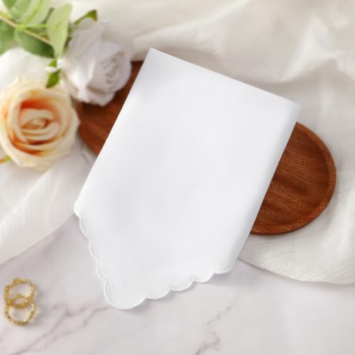 HOULIFE Handkerchiefs for women, Pure White Handkerchief with Scallop Edge