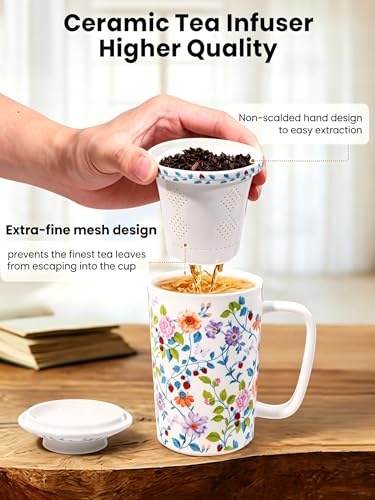 Ceramic Tea Mug with Infuser and Lid,16oz Floral Loose Leaf Tea Cup - color: Vibrant Floral