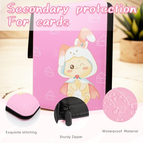 9 Pocket Card Binder - Premium Zip Trading Card Binder - 900 Double Sided Pocket PU Collection Binder - Gift for Girls (Pink Kitten 9-Pocket)