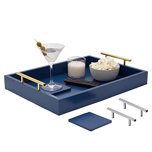 Juvale Coffee Table Tray - 15.7 x 11.8 x 3 in, Blue, Rustic Wood - Serving Tray with Interchangeable Gold & Silver Handles for Coffee Table Decor & Ottoman Use with 2 Coasters - color: Blue