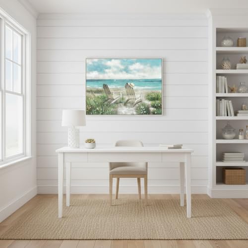 Coastal Wall Art Framed Painting: Beach Scene Ocean Canvas Picture Decor Large Seaside Chair Wave Artwork Sea Seascape Print for Living Room Bedroom 45 x 30 Inches - color: Beach Chair, size: 45"L x 30"W