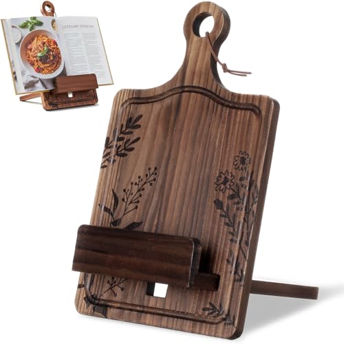 Geelin Wooden Cookbook Stand with Charging Slot Cutting Board Book Holder for Kitchen Counter Adjustable Recipe Book Holder Floral Farmhouse Cookbook Stand Kitchen Gifts for Chef Mom Dad Cooking Lover
