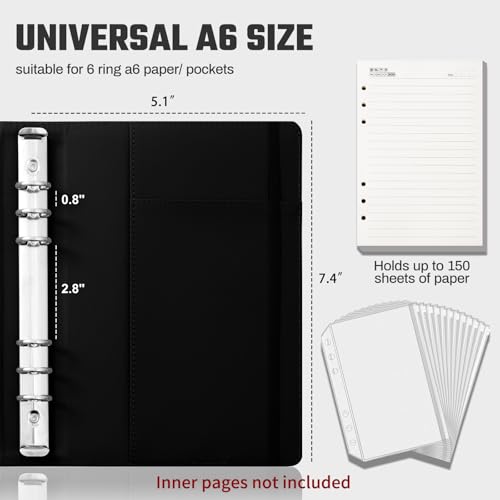 Ovesmusl PU Leather Aesthetic A6 Binder 6 Ring Binder Journal Cover - color: Black, size: A6