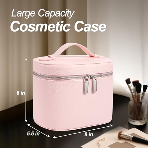 Cosmetic Case, Leather Makeup Bag, Portable Handheld Makeup Case, Detachable Compartments - color: pink, size: M(8*5.5*6in)