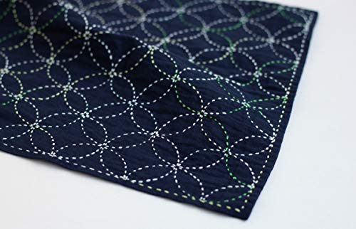 Sashiko kit, Yokota Sashiko Thread, Needles and Template Yume Fukin with Original English Manual, Thimble Sewing Set, Fabric, Japanese Textile (White Thread / Navy Dishcloth)