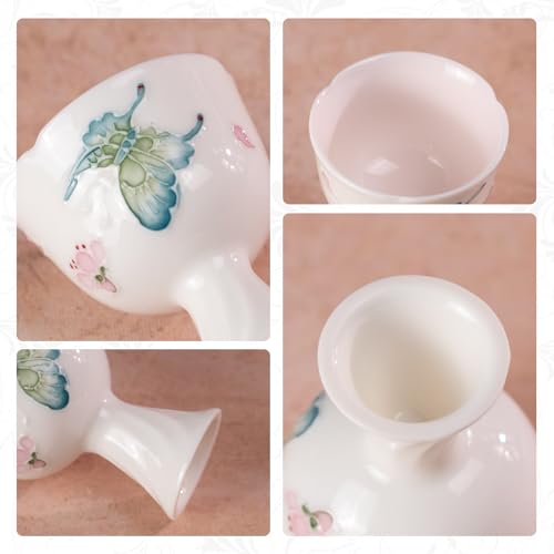 KAMMAK Tea Cup Set of 2 Small Tea Cups 1.4oz White Porcelain Tea Cup Set, Asian Ceramic Teacups for Home, Party, Office, Chinese Kung Fu Tea Set for Hot/Cold Drink (Playing with Butterflies) - style: 716N Peach Flower and Butterfly