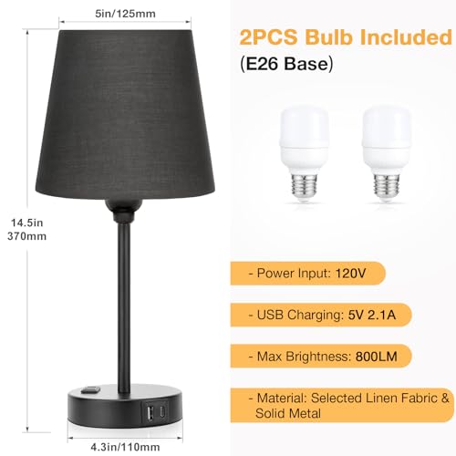 Black Bedside Lamps Set 2 for Bedroom - Dimmable Touch, USB C+A, AC Outlet - color: Black